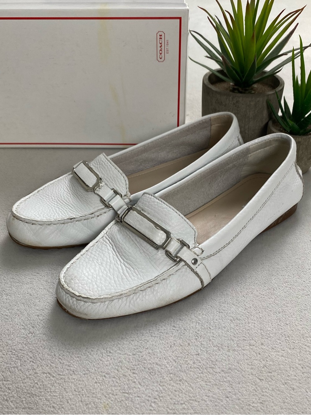 Coach Flynn Genuine Pebble Grain Leather Slip On Loafer Shoes | Chalk